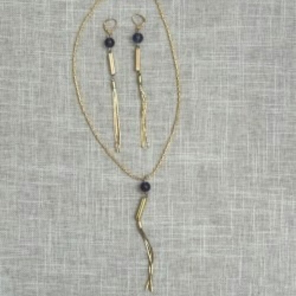 Handmade Gold Tone Necklace & Earring Set with Black Beads – Modern Minimalist
